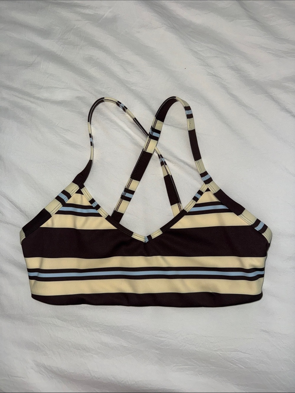 Striped Crisscross Sports Bra in Brown, Light Blue, and Yellow